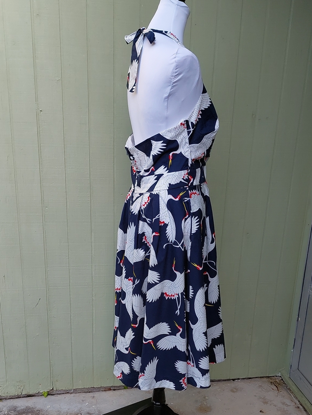 Unique Vintage Halter Crane Button Navy White Midi Dress Sz L - Picture 6 of 15